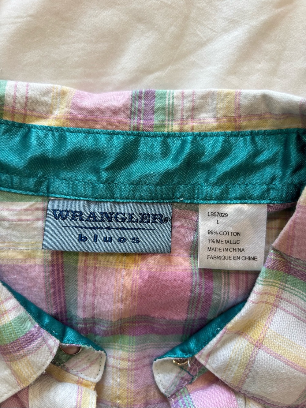 Wrangler Blues Sz L Cotton Plaid Metallic Shirt Pink Pearl Snap Buttons Western - Picture 8 of 10